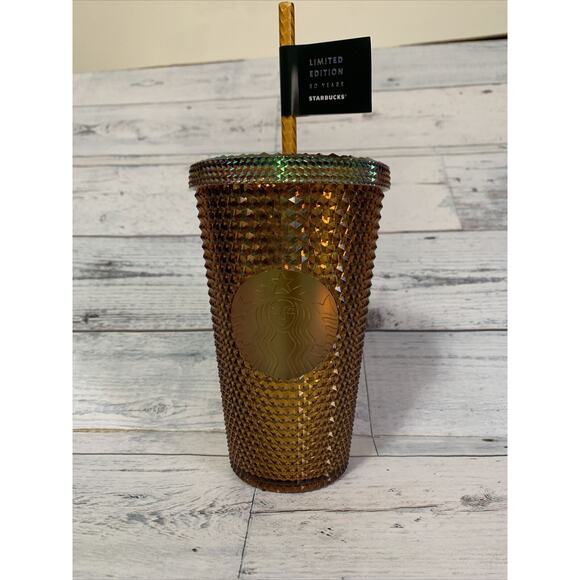Starbucks 2021 50th YEAR ANNIVERSARY GOLD COPPER STUDDED Grande Tumbler Cup NEW - Picture 1 of 4